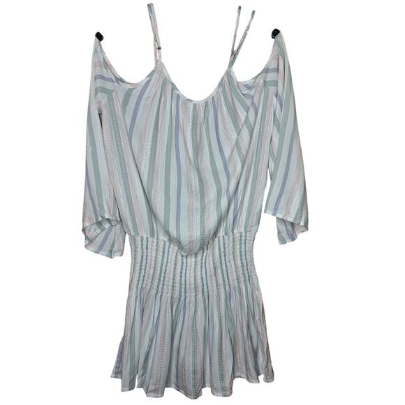 SurfGypsy NEW Shirred off the shoulder tassel mini dress cover up striped pastel - Picture 3 of 6